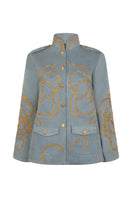 Nadya Shah Daley denim cargo jacket on a mannequin, front view showcasing classic denim fabric and cargo pocket details.