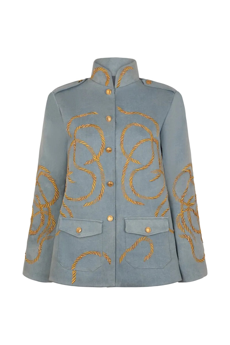Nadya Shah Daley denim cargo jacket on a mannequin, front view showcasing classic denim fabric and cargo pocket details.