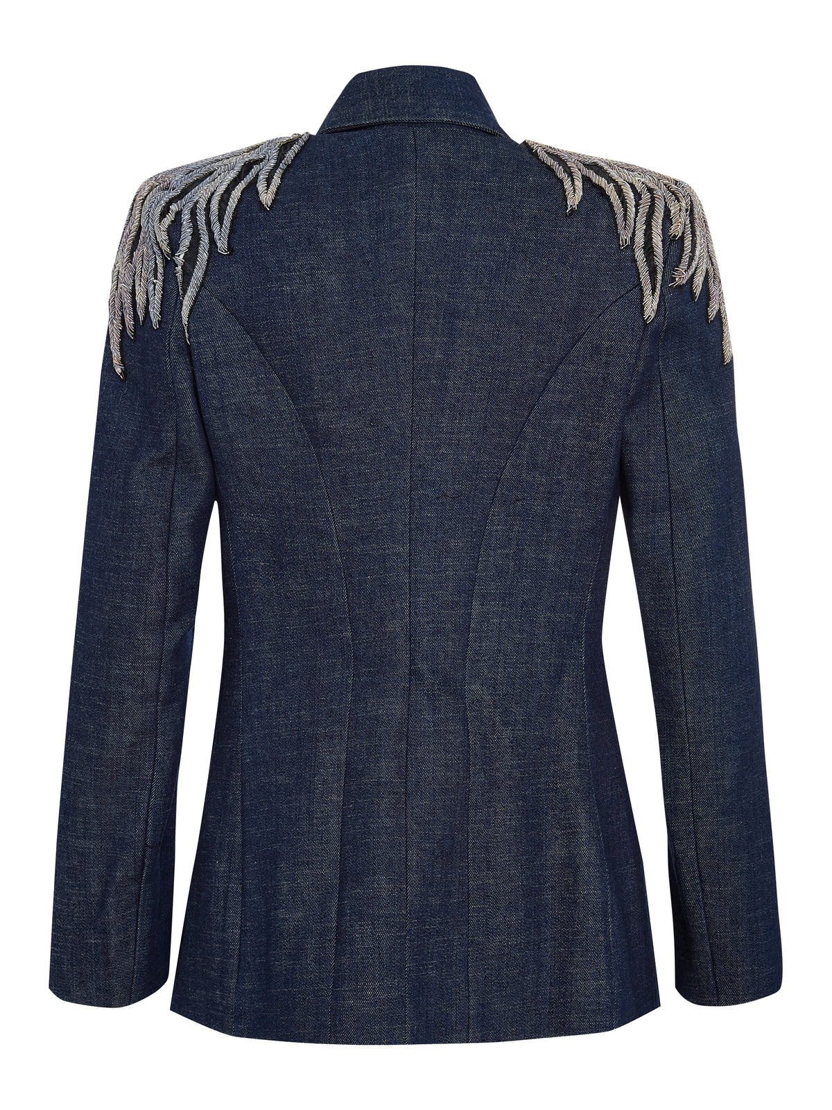 Nadya Shah AVA Denim Blazer jacket shown from the back, featuring classic denim fabric and tailored fit.
