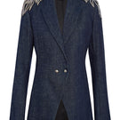 Nadya Shah AVA denim blazer jacket with classic collar and button front, shown from the front view.