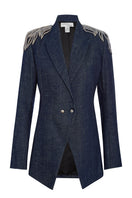 Nadya Shah AVA denim blazer jacket with classic collar and button front, shown from the front view.