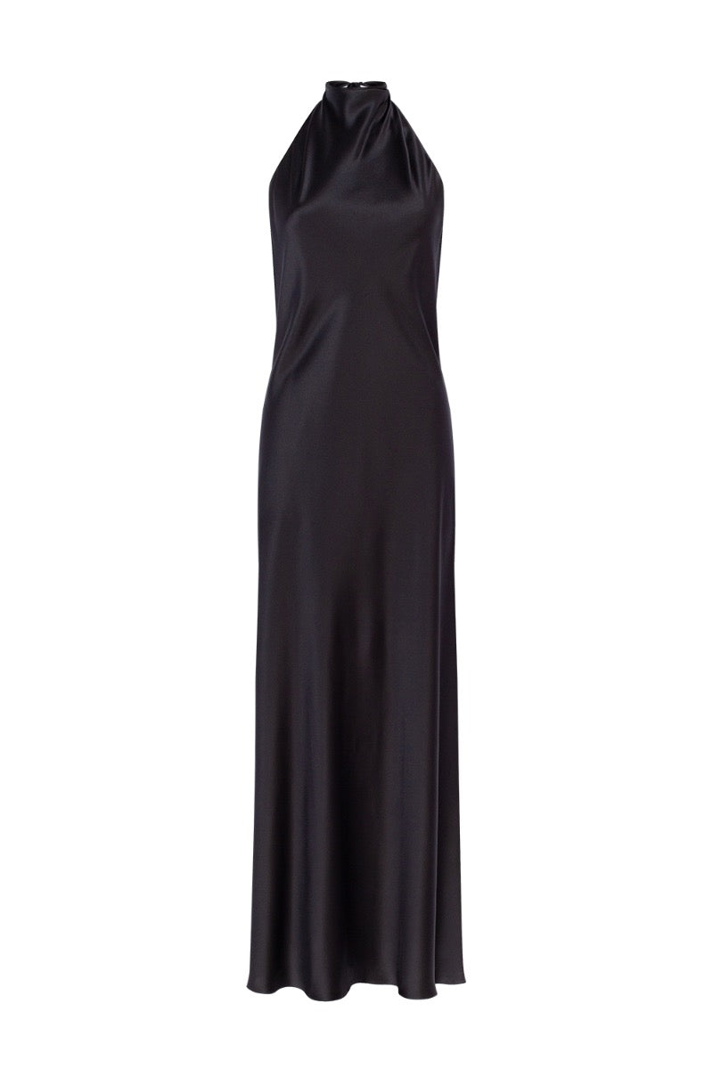 DENIZ BLACK HALTER-NECK SILK-SATIN MIDAXI DRESS