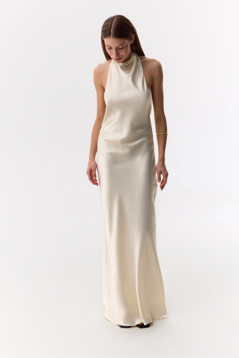 DENIZ BUTTER-CREAM HALTER-NECK SILK-SATIN MIDAXI DRESS
