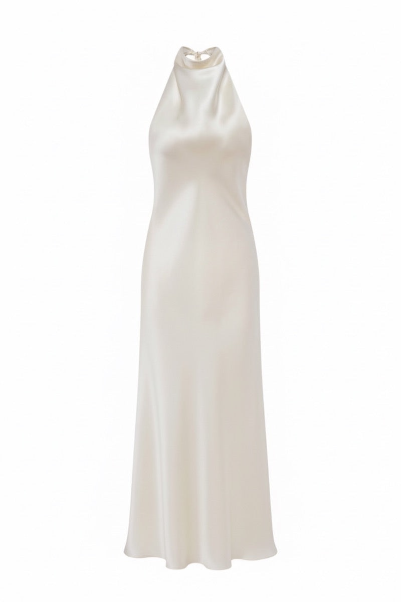 DENIZ BUTTER-CREAM HALTER-NECK SILK-SATIN MIDAXI DRESS