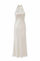 Cream silk satin halter-neck maxi dress by Serenity, featuring a flowing silhouette and elegant design.