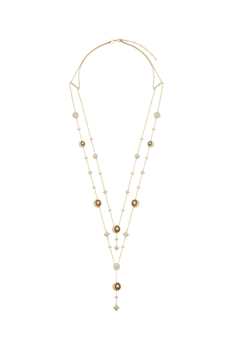 Gold double-layer long necklace from Velvet Desert's Desert Tale collection, featuring delicate chain details and layered design.