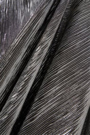 SemSem CULT MIA X SEMSEM metallic long sleeve pleated gown in silver, featuring intricate pleats and shimmering fabric.