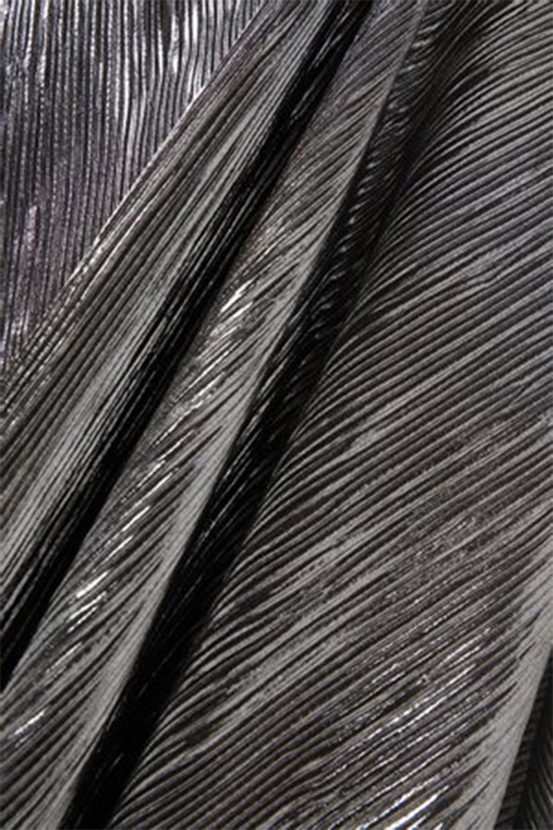 SemSem CULT MIA X SEMSEM metallic long sleeve pleated gown in silver, featuring intricate pleats and shimmering fabric.