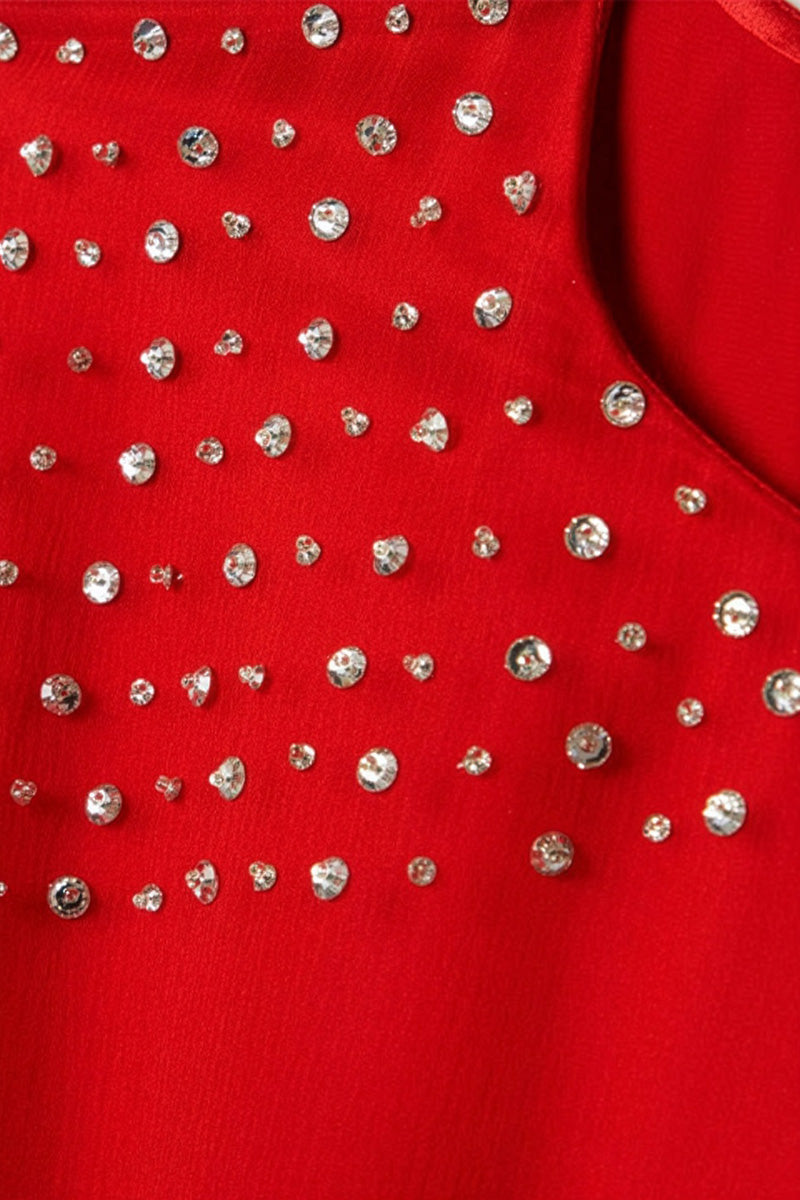 Red silk chiffon kaftan gown by SemSem with flowing fabric and intricate details, perfect for elegant occasions.
