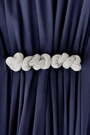 Navy maxi dress with crystal embellishments by SemSem, featuring flowing fabric and elegant details for formal occasions.