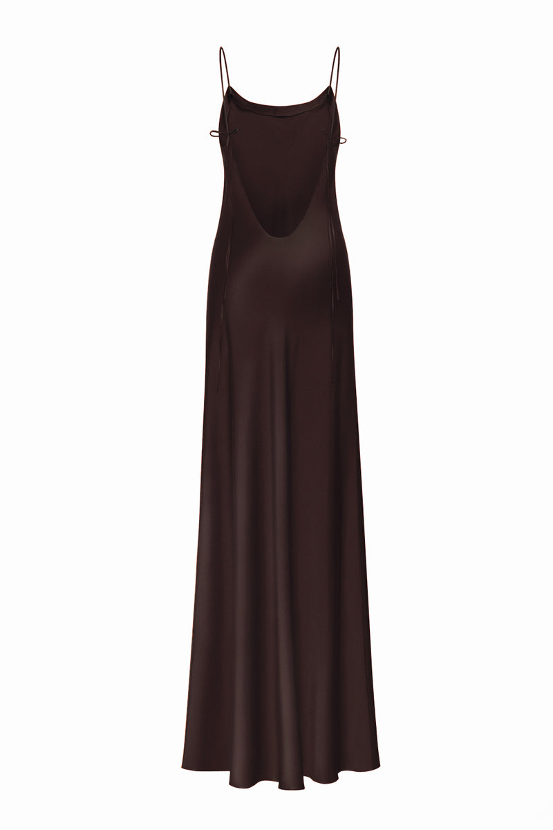 DEVON ESPRESSO LOW-BACK SILK-SATIN MAXI DRESS - CULT MIA