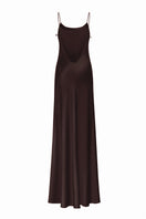 Serenity Devon espresso silk-satin maxi dress with a low back, flowing design, and elegant style for formal occasions.