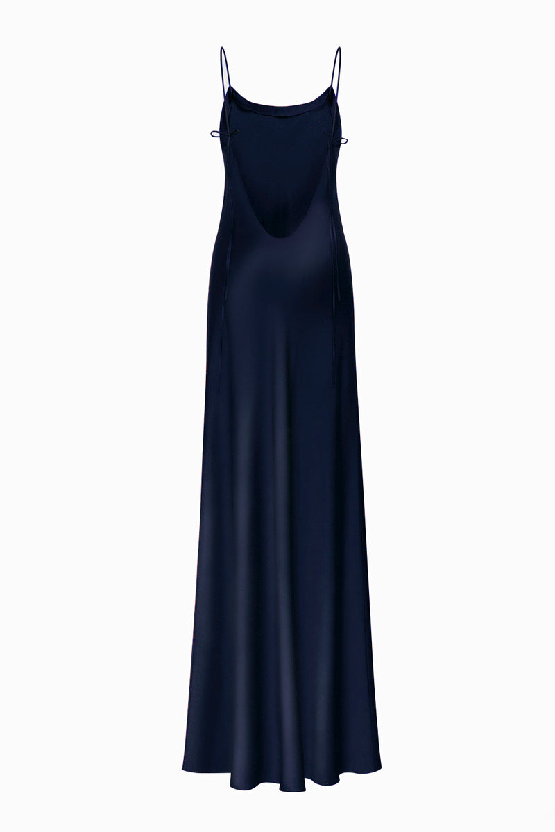DEVON NAVY LOW-BACK SILK-SATIN MAXI DRESS - CULT MIA