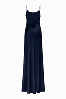 Serenity Devon navy low-back silk-satin maxi dress featuring a flowing silhouette and elegant design, perfect for formal occasions.
