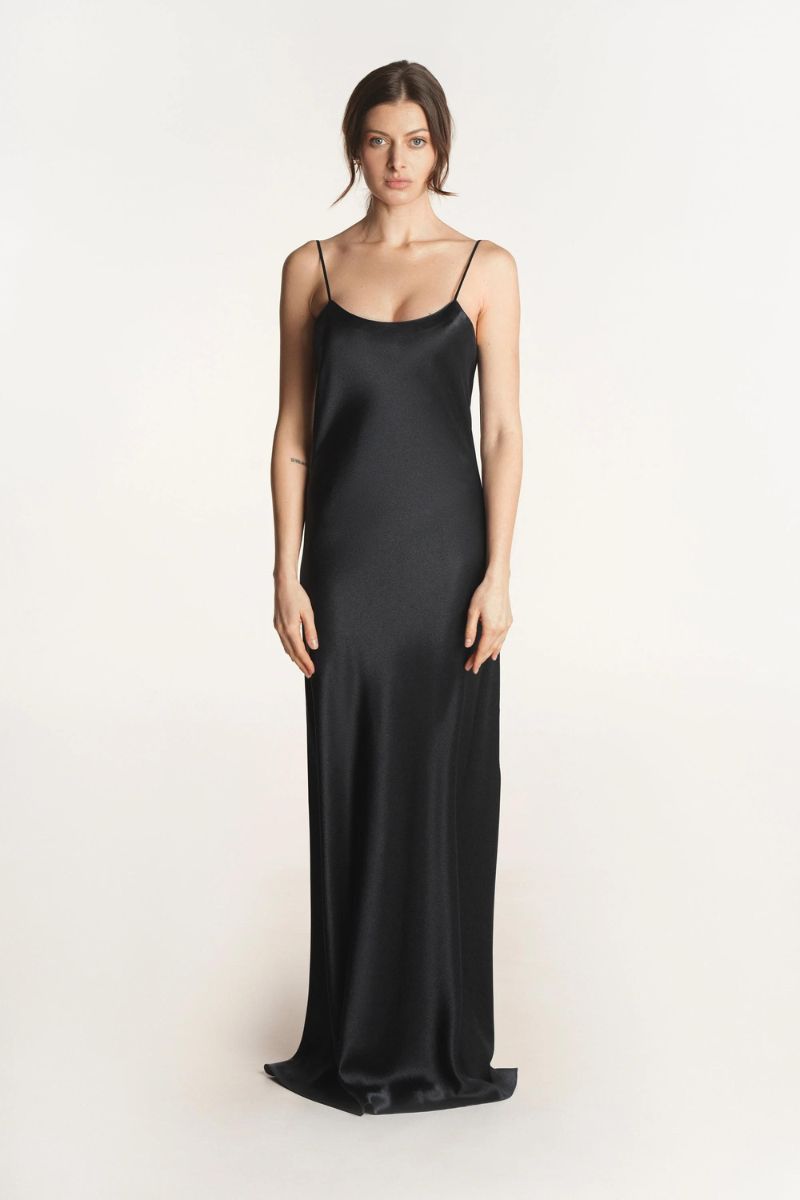 DEVON BLACK LOW BACK SILK SATIN MAXI DRESS IN BLACK - CULT MIA