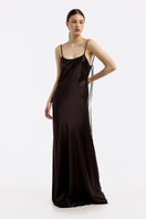 Serenity Devon Espresso low-back silk-satin maxi dress displayed on a hanger, featuring a flowing silhouette and elegant design.