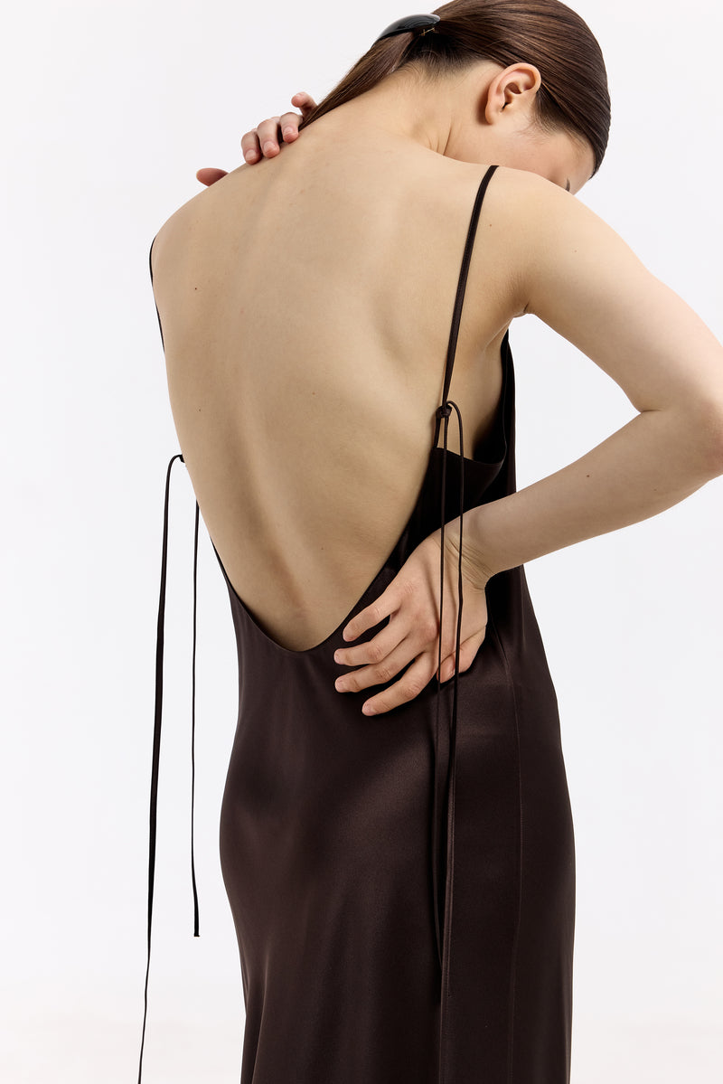 DEVON ESPRESSO LOW-BACK SILK-SATIN MAXI DRESS - CULT MIA