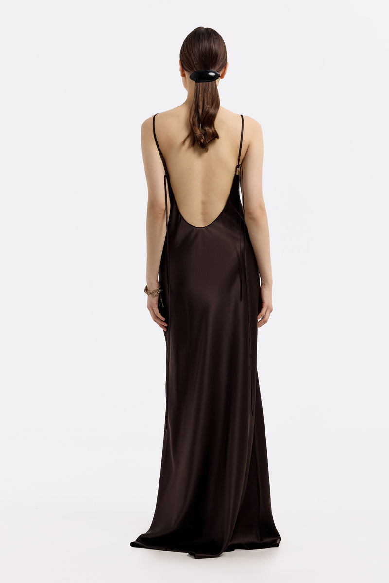 DEVON ESPRESSO LOW-BACK SILK-SATIN MAXI DRESS - CULT MIA