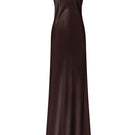 Serenity Devonespresso low-back silk-satin maxi dress displayed on a model, showcasing its elegant flow and sleek design.
