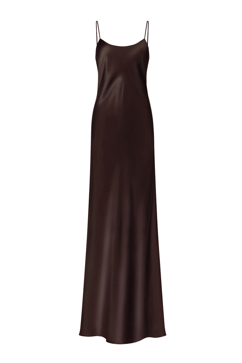 DEVON ESPRESSO LOW-BACK SILK-SATIN MAXI DRESS - CULT MIA