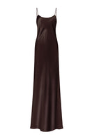 Serenity Devonespresso low-back silk-satin maxi dress displayed on a model, showcasing its elegant flow and sleek design.