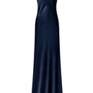 Serenity Devon Navy low-back silk-satin maxi dress with elegant flowing design and subtle sheen, perfect for formal occasions.