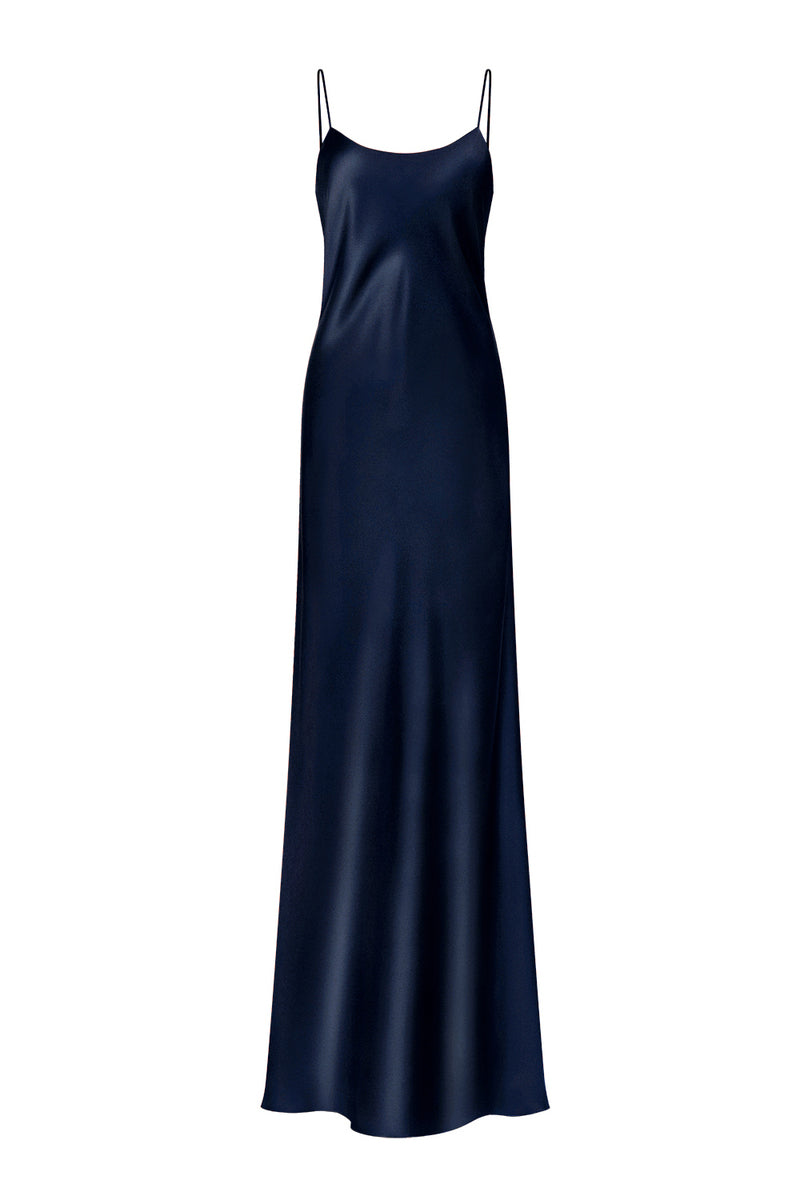 DEVON NAVY LOW-BACK SILK-SATIN MAXI DRESS - CULT MIA