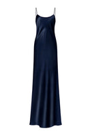 Serenity Devon Navy low-back silk-satin maxi dress with elegant flowing design and subtle sheen, perfect for formal occasions.