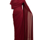 Deme By Gabriella Dianna gown in burgundy, elegant formal dress with flowing fabric and sophisticated design.