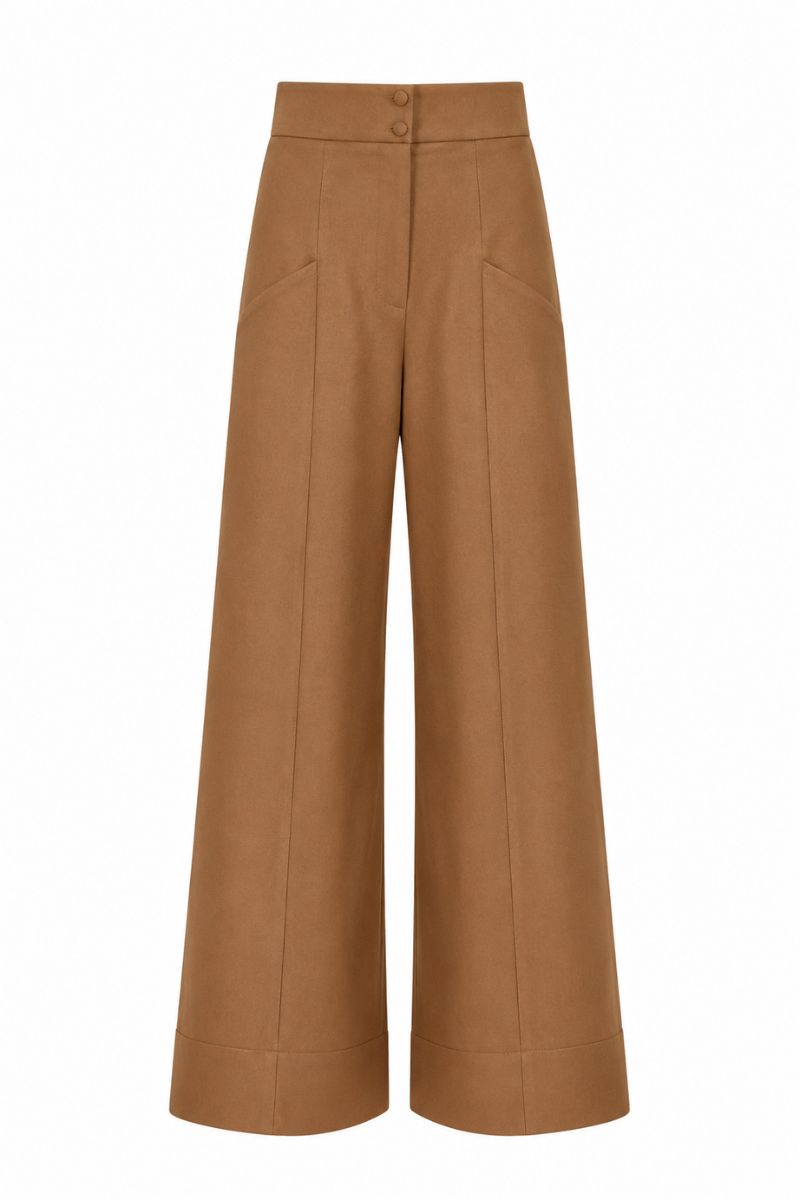 Tan Pino pants by Ana + Maria, shown in a stylish fit with a smooth fabric finish and classic design.