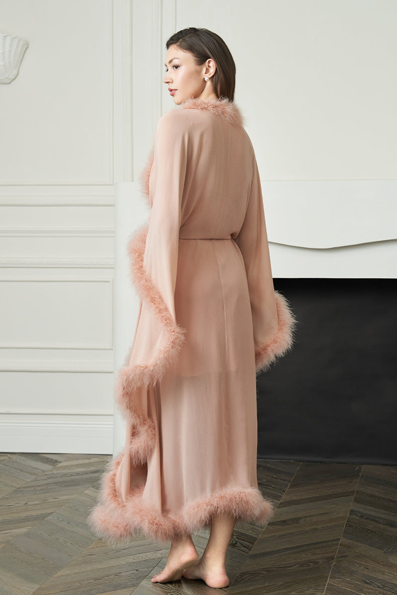 Manito Diva women's feather long robe in coral, flowing lightweight robe with feather details and elegant design.