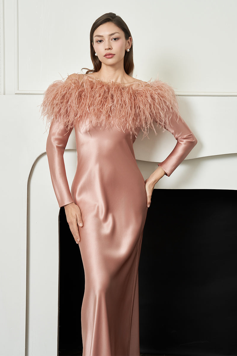 DIVA WOMEN'S FEATHER OFF-THE-SHOULDER DRESS IN CORAL