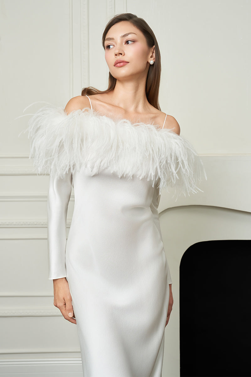 silk off the shoulder dress DIVA WOMEN'S FEATHER OFF-THE-SHOULDER DRESS IN WHITE | CULT MIA