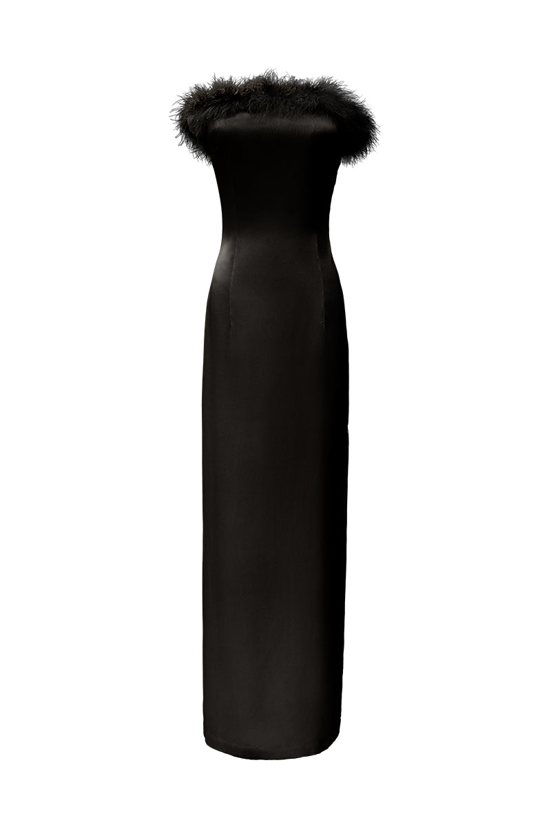 فستان نسائي أسود بدون دبابيس مزين بالريش من ديفا