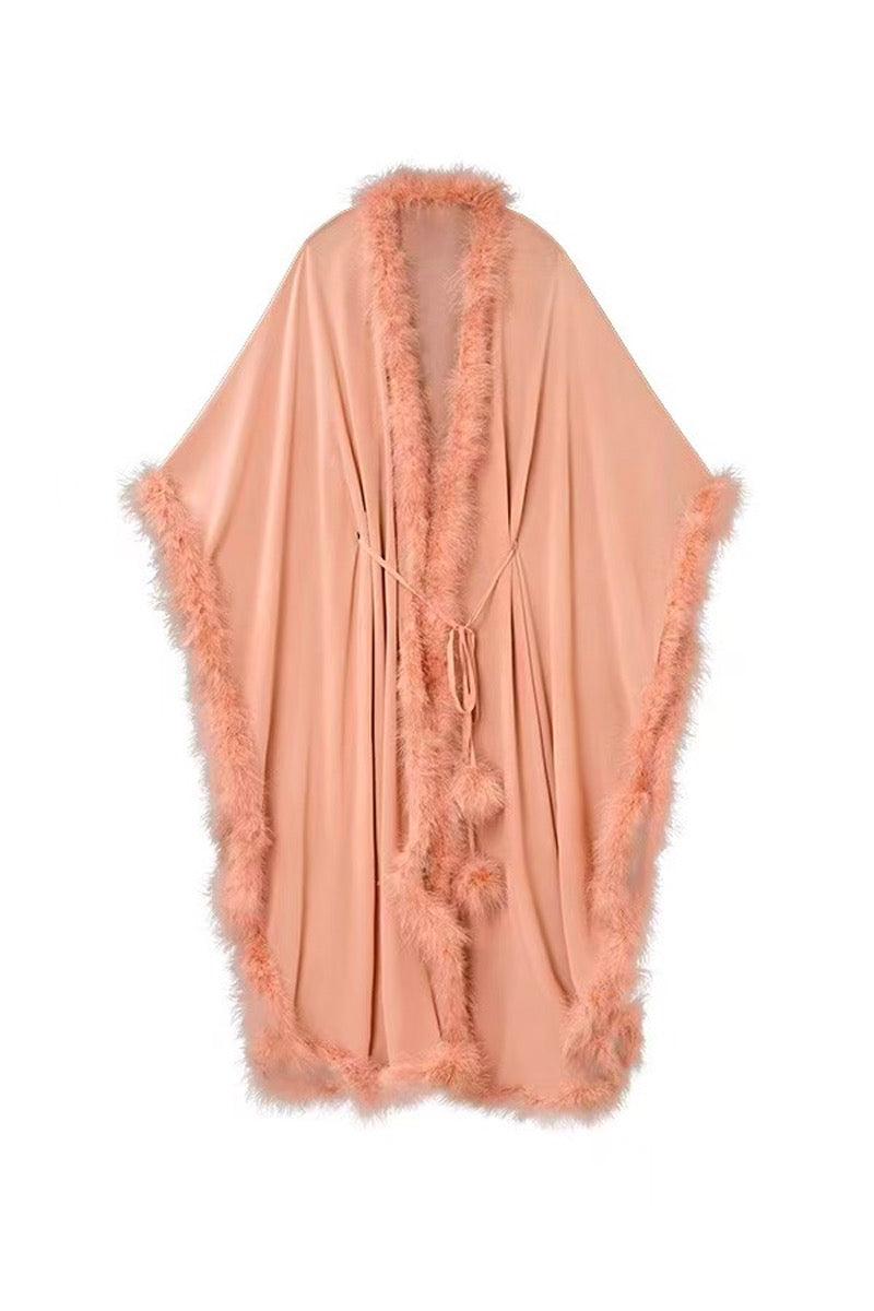 Diva women's feather long robe in coral with soft fabric, featuring a flowing design and elegant style from MANITO.