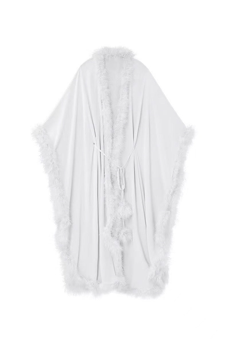 White Diva women's feather long robe by MANITO, flowing design with feather details and soft fabric, perfect for luxurious lounging.