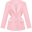 Pink doll suit jacket by Stolen Stores, stylish women's jacket with tailored fit and vibrant color, displayed on a mannequin.