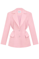 Pink doll suit jacket by Stolen Stores, stylish women's jacket with tailored fit and vibrant color, displayed on a mannequin.