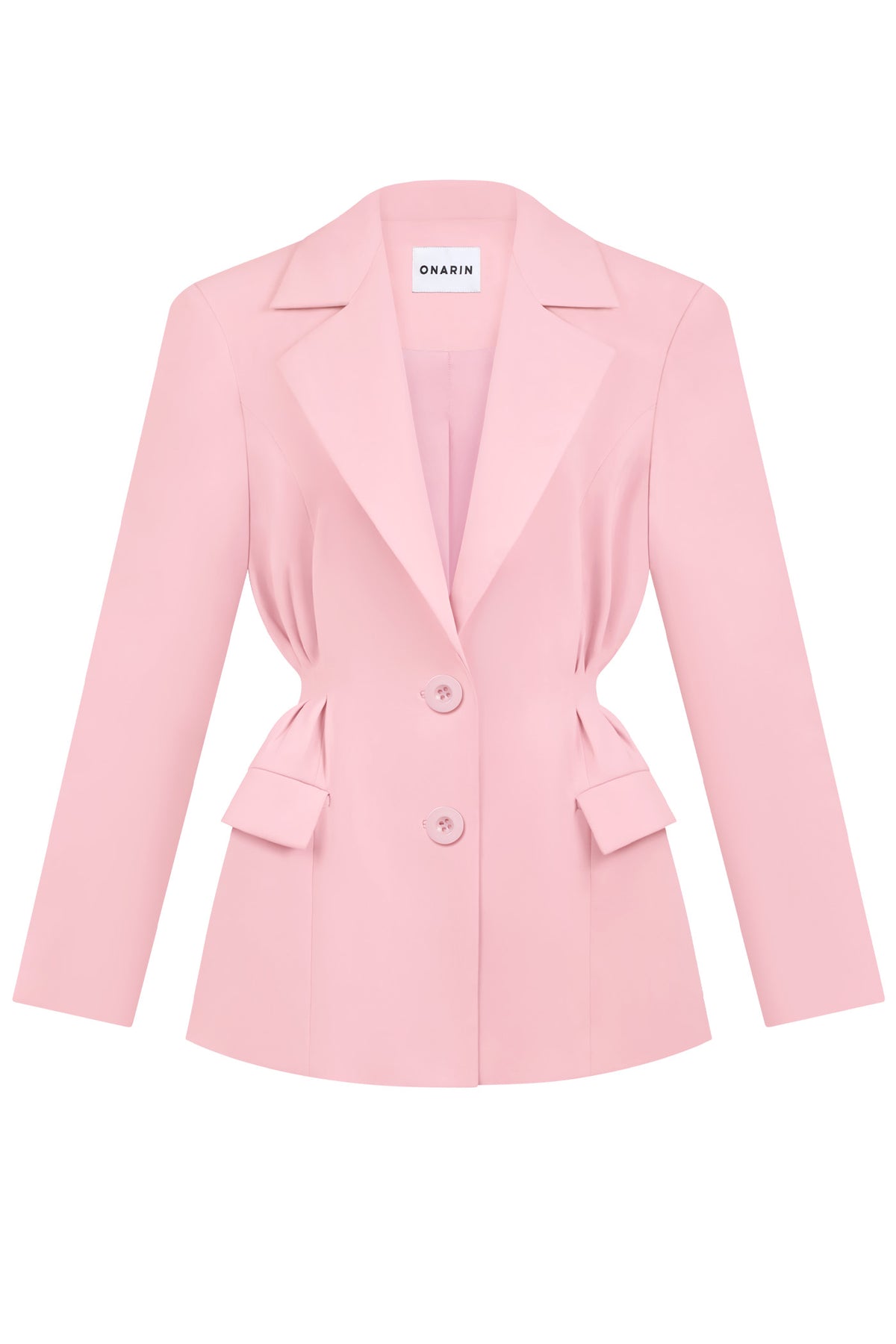 Pink doll suit jacket by Stolen Stores, stylish women's jacket with tailored fit and vibrant color, displayed on a mannequin.