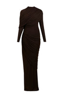 Deme By Gabriella Donna maxi gown in rich espresso brown, flowing fabric with a elegant drape, perfect for formal occasions.