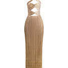 Gold shimmer Dorado Maxi Dress by Maylé Vásquez featuring an ombre design and flowing silhouette.