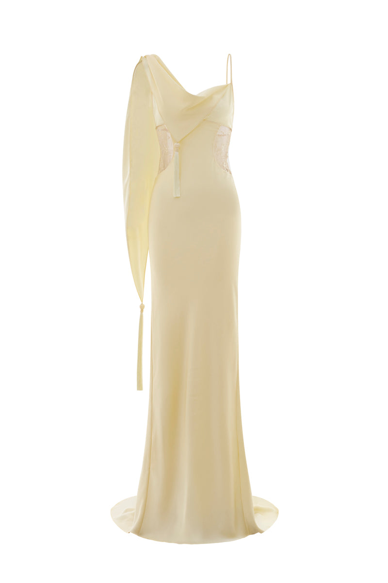Pastel yellow POEM dormeuse gown with a flowing, elegant design, perfect for relaxed, stylish loungewear or sleepwear.