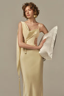 Pastel yellow POEM dormeuse gown displayed on model, featuring a soft, flowing design perfect for elegant loungewear or sleepwear.