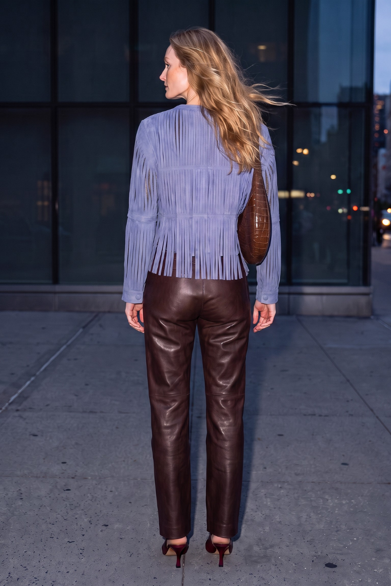 Double A CULT MIA X Ayla suede blue jacket, shown in a stylish, close-up view of the soft suede material and design details.