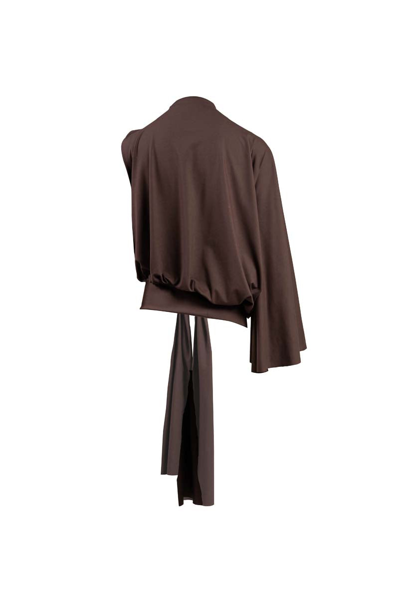 Brown drape top by Yassmin Saleh with flowing fabric and ghost back design, perfect for stylish casual or evening wear.
