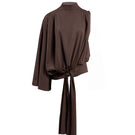 Brown drape top by Yassmin Saleh, featuring a flowing fabric and stylish design, shown from the front.