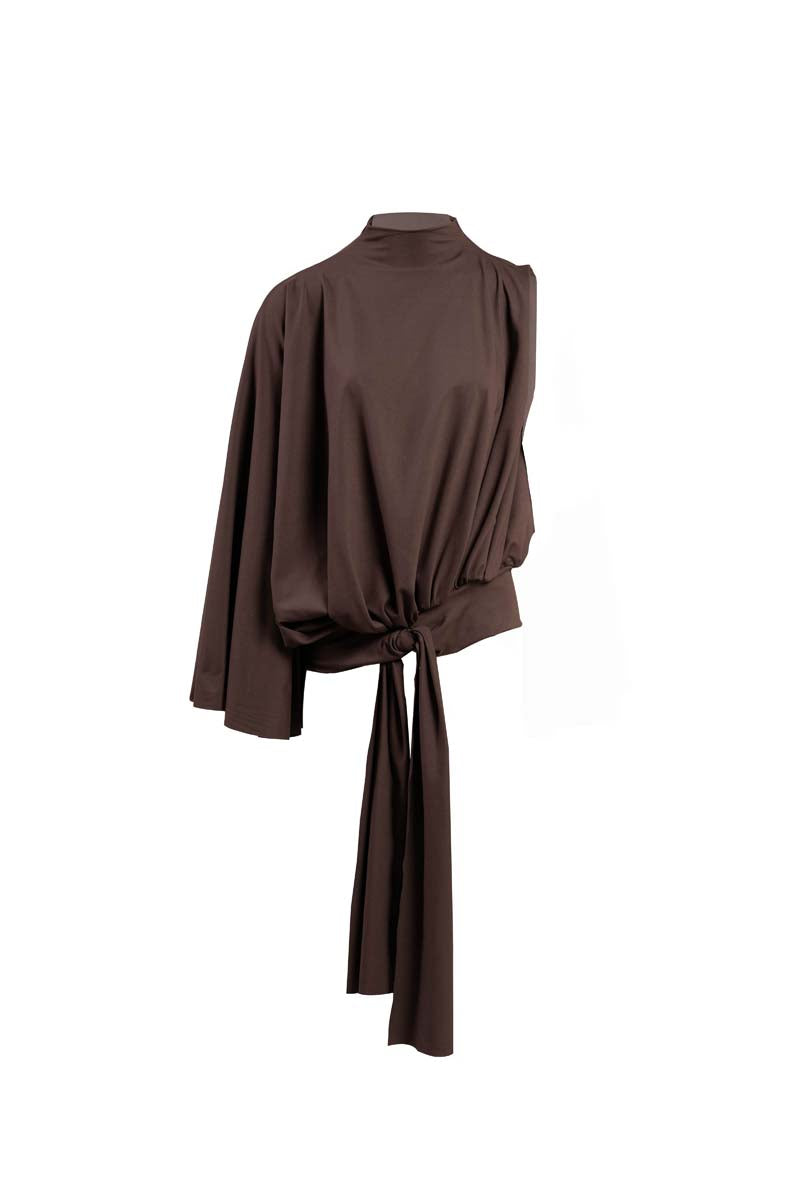 YASSMIN SALEH brown drape top, front view showing flowing fabric and stylish design, ideal for casual or chic outfits.