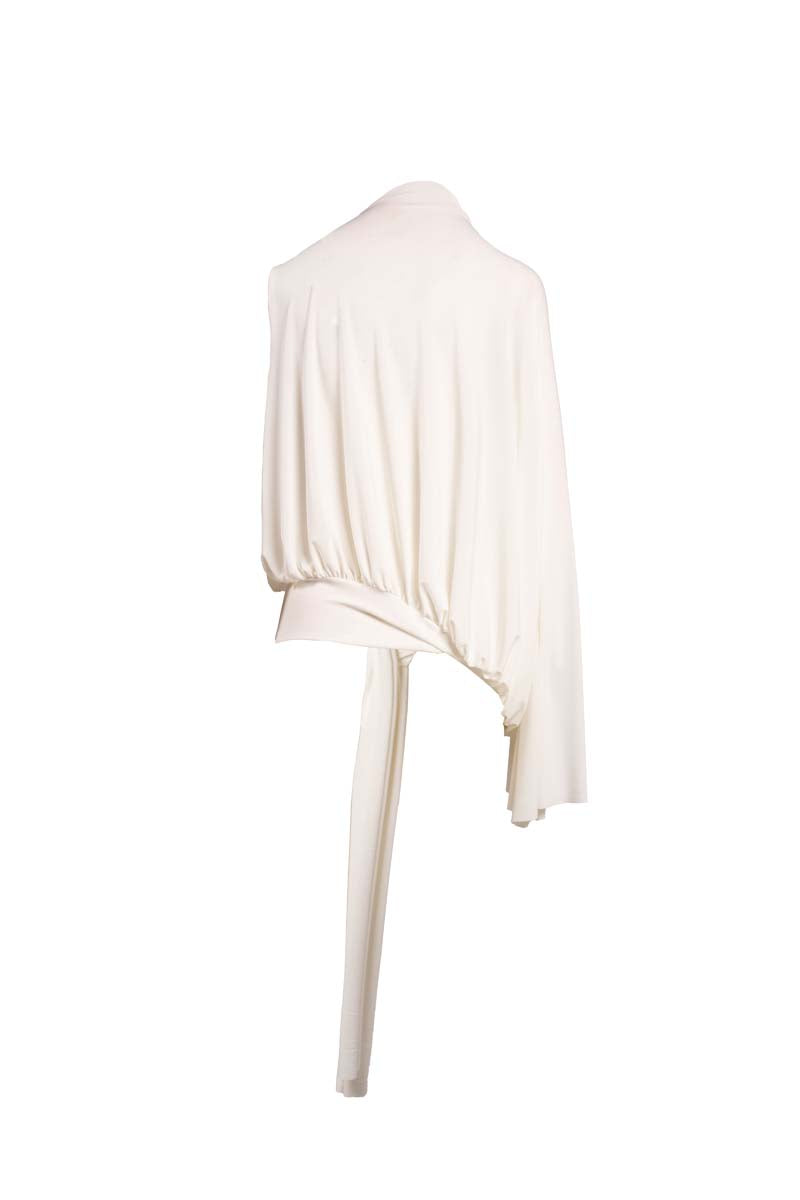 Ivory drape top by Yassmin Saleh featuring a flowing design and ghost back detail, perfect for elegant casual wear.
