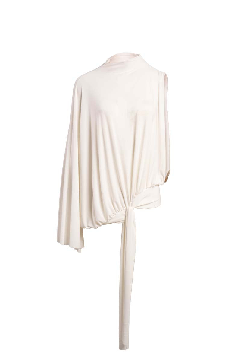 Ivory drape top by Yassmin Saleh, front view showing soft fabric and elegant draping details, perfect for stylish casual wear.