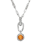 Rhodium orange drape pendant necklace by Jude Benhalim with house chain, showcasing elegant jewelry design.